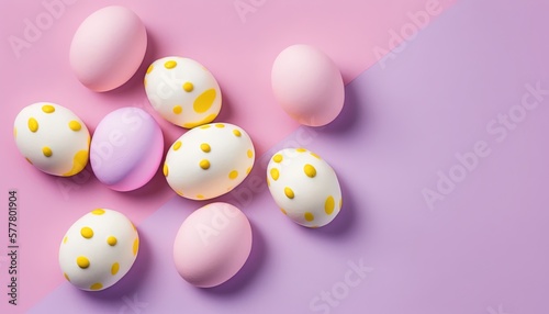  a group of eggs sitting on top of a pink and purple surface with polka dots on them and a yellow dot on the top of the eggs. generative ai
