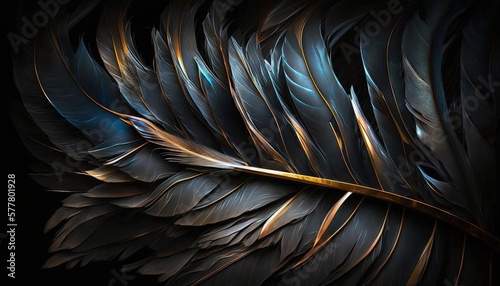  a close up of a feather on a black background with a gold stripe in the center of the feather and a black background with a gold stripe in the middle. generative ai