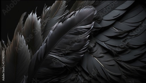  a close up of a black bird's feathers on a black background with a white border around the feathers and a black background with a white border. generative ai