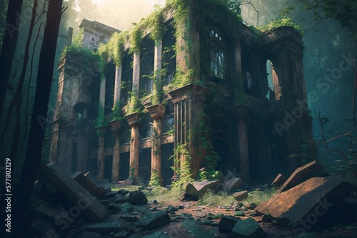 Abandoned ruin building in forest. Generative AI