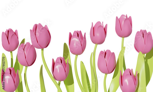 Set of pink tulips with green leaf isolated on white background. 3d rendering     