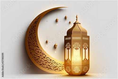 A minimalist design with a golden crescent moon, lantern and the greeting Ramadan Kareem