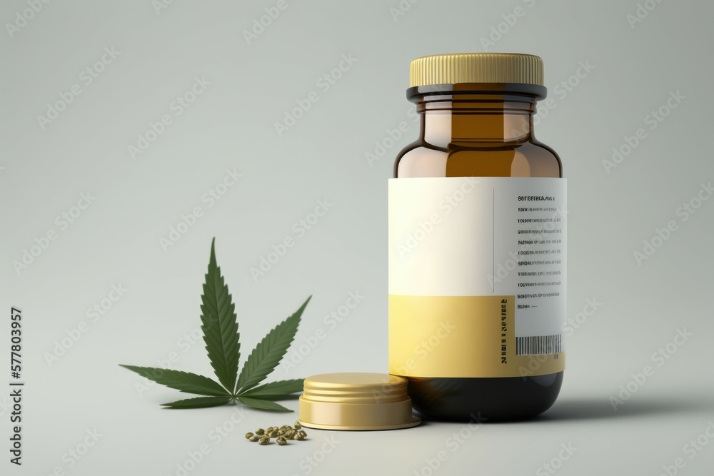 Medicinal CBD pills next to a Cannabis leaf and a glass container. AI generated, human enhanced Medicinal CBD pills next to a Cannabis leaf and a glass container. AI generated, human enhanced