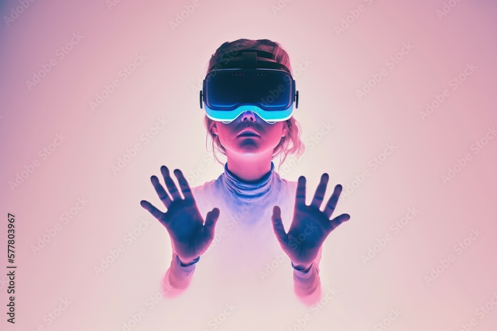 Young woman wearing virtual reality glasses in neon colors. AI generated, human enhanced. Young woman wearing virtual reality glasses in neon colors. AI generated, human enhanced.