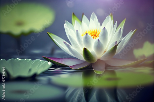 lotus white light purple floating light sparkle background with copy space for text. AI generated