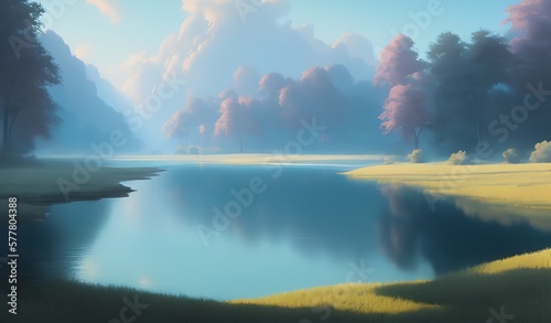Colorful landscape with river illustration