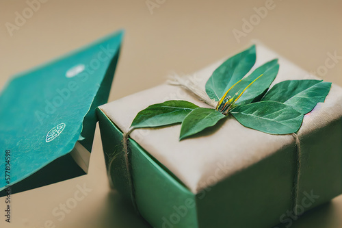 Eco cartoon box - brown paper package with tag. Generative AI. photo