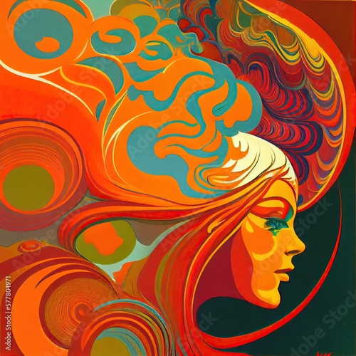 1960s psychedelic art  Hippie trippy retro background   bright rainbow colors and groovy rainbow starburst sunburst swirl pattern in pop art style - generative ai
