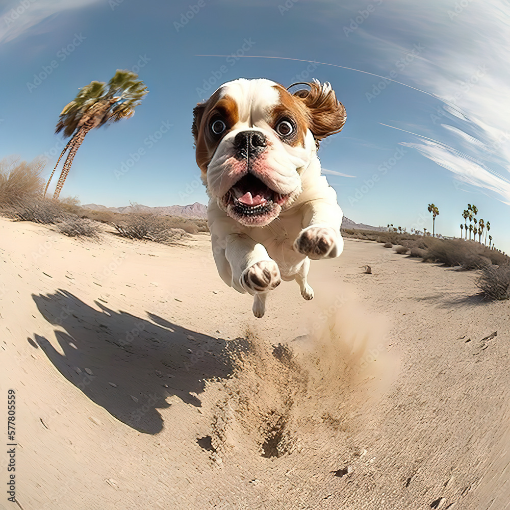 english bulldog running toward you, shot on go pro, jumping and happy, real photo, california venice beach