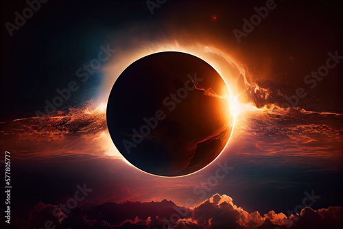 A solar eclipse, total eclipse with sun, moon and earth aligned, landscape background - generative ai