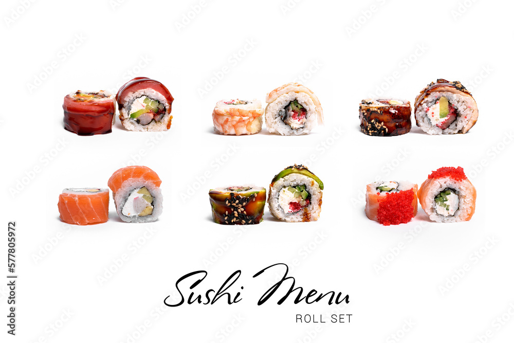Collage set of Dragon sushi roll pieces isolated on white background