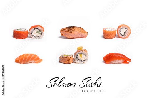Collage set of salmon sushi roll pieces isolated with on white background. Different types of Sushi rolls for restaurant menu. Ready advertising banner with sushi assortment, text and copy space