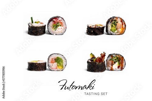 Collage set of Futomaki sushi roll pieces isolated with on white background. Different types of Sushi rolls for restaurant menu. Ready advertising banner with sushi assortment, text and copy space