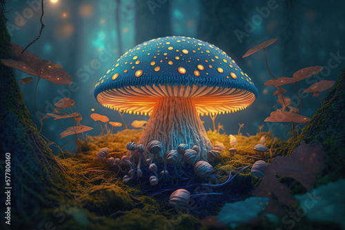 a mushroom sitting on top of a lush green forest,