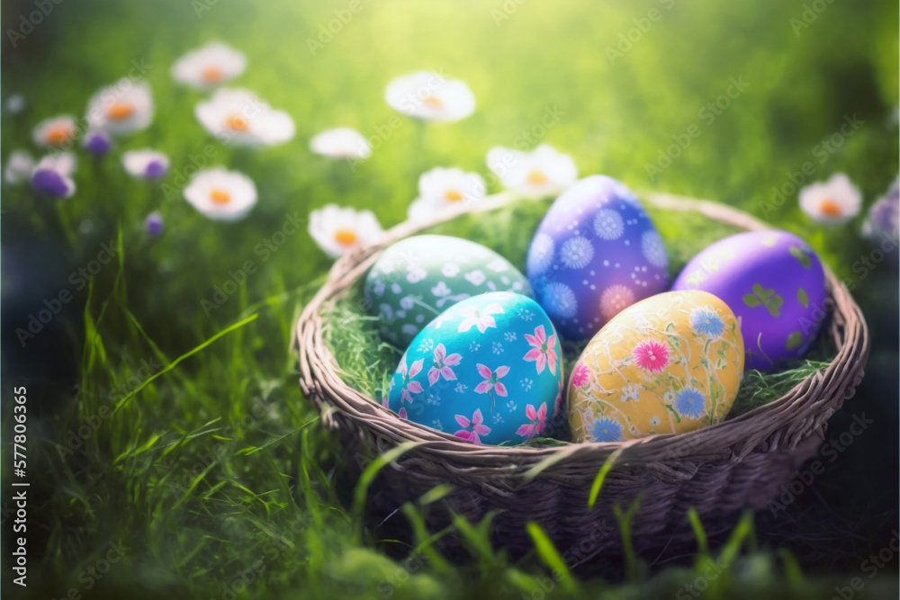 A bunch of Easter eggs in a basket, super realistic and detailed, with amazing colors, beautiful background.