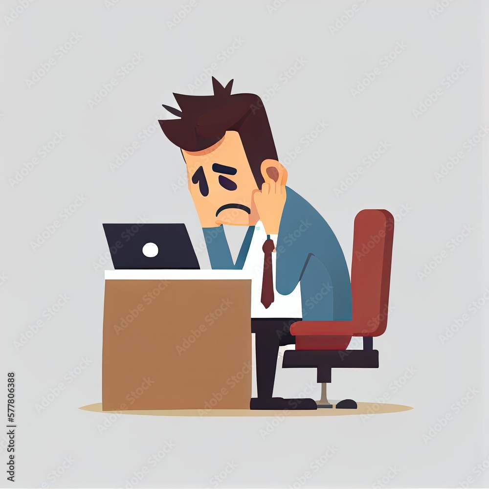Frustrated upset employee sitting on his desk looking at his laptop, depressed and stressed worker concept - generative ai Frustrated upset employee sitting on his desk looking at his laptop, depressed and stressed worker concept - generative ai