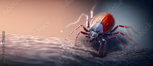 Infected tick on human skin. Ixodes lyme ricinus mite banner. Dangerous biting insect macro photo. AI generation © Adin