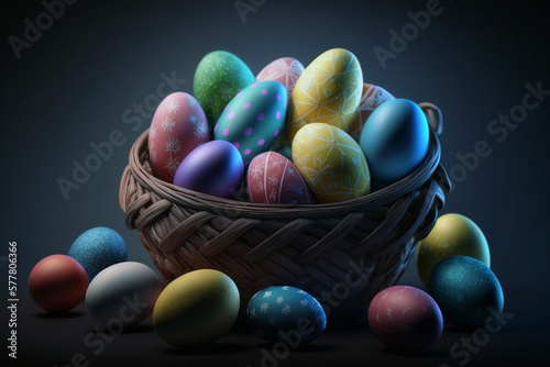 A bunch of Easter eggs in a basket, super realistic and detailed, with amazing colors, beautiful background.