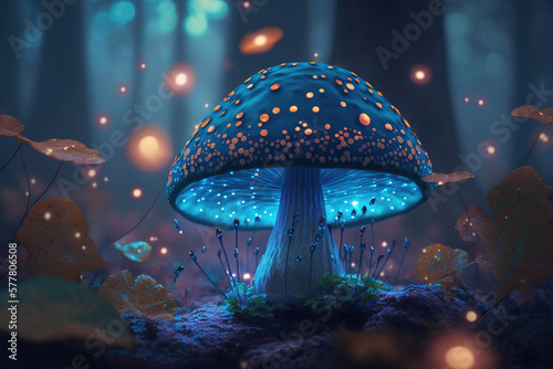 a mushroom sitting on top of a lush green forest, © keysa
