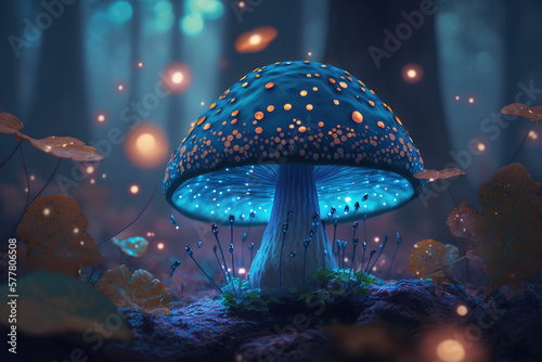 a mushroom sitting on top of a lush green forest,