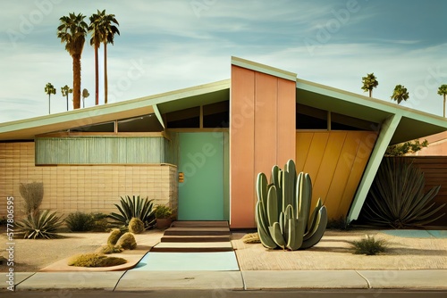 Iconic mid-century modern architecture, cozy and beautiful family house and driveway - generative ai