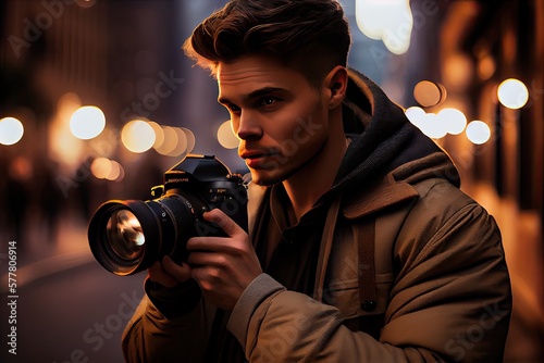 Professional male photographer a holding digital camera, bokeh city lights background - generative ai © Infinite Shoreline