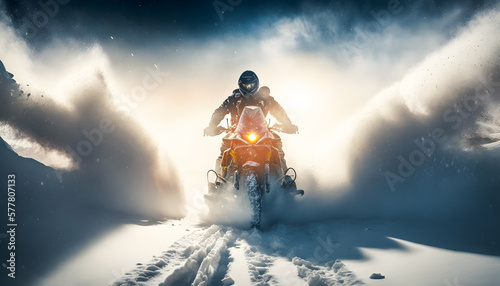 Portrait sportman of Winter Extreme Freeride Snowmobile fresh powder snow with sunlight, banner skidoo sport. Generation AI photo
