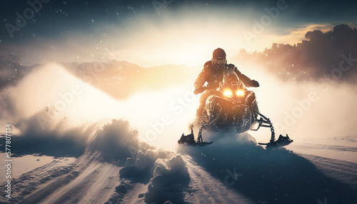 Extreme Freeride Snowmobile fresh powder snow in forest with sunlight. Winter adventure action photo. Generation AI