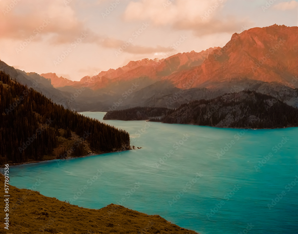 Amazing view of a lake with mountains. Generative AI
