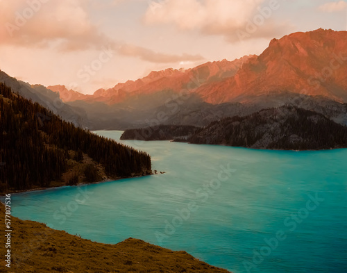 Amazing view of a lake with mountains. Generative AI 