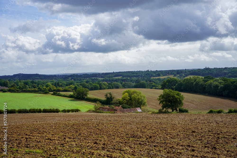 View over a farm field in the spring