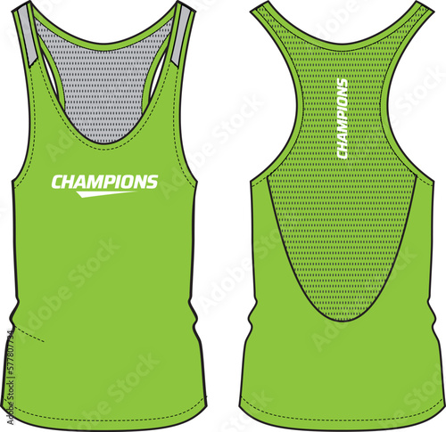 Women Sleeveless Tank top Sports t-shirt Jersey design flat sketch fashion Illustration suitable for girls and Ladies, racer back Vest for Volleyball jersey, netball, badminton, tennis sports kit