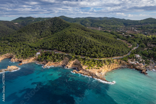 Aerial photographs of the beaches of Cala Xarraca , on the island of Ibiza during a sunny summer day with blue sky and turquoise water © MARIO MONTERO ARROYO