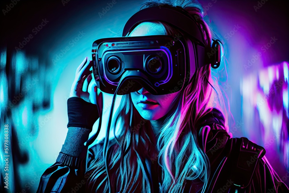 Young woman using virtual reality headset VR, Neon light studio portrait - generative ai Young woman using virtual reality headset VR, Neon light studio portrait - generative ai