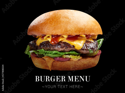 Double cheeseburger with ground beef cutlet, Cheddar cheese, onion, lettuce, pickles, mustard and bbq sauce. burger isolated on black background. Ready menu advertising banner with text, copy space