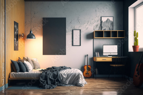 Blank frame on wall in teenager or student bedroom. Template for Design. Mock Up. AI generated