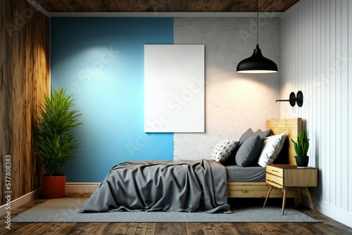 Wallpaper Mural Blank frame on wall in teenager or student bedroom. Template for Design. Mock Up. AI generated Torontodigital.ca