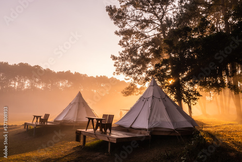 Tent camping in the morning . At Thung Salaeng Luang National Park Phetchabun Province  Thailand