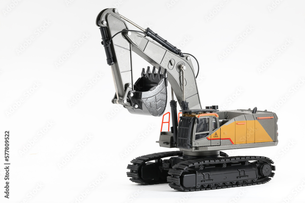 Backhoe hydraulic Excavator with bucket. side view. Wide angle. Isolated on white background.