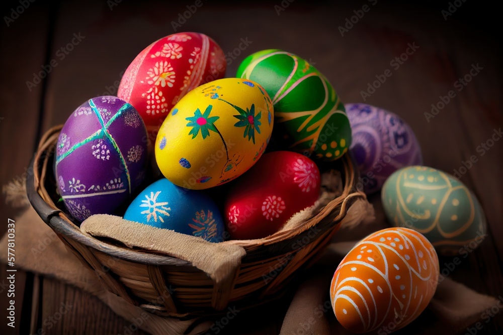 Fototapeta premium Colorful painted Easter eggs in basket. Generative AI