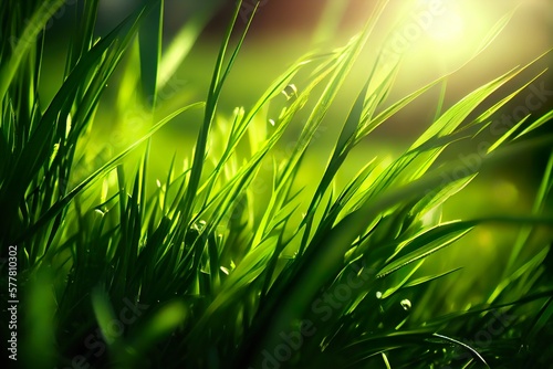 Green grass closeup background on sunny day. Growing lawn plant and sunlight. Generative AI