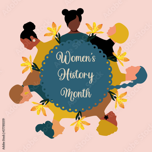 Women's History Month. Women of different ages, nationalities and religions come together. Pink poster. Vector.