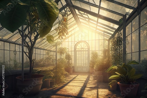 Big glass greenhouse with growing plants, green vegetations in sunlight. Generative AI photo