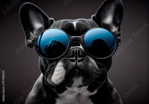 French bulldog portrait, cute funny dog head in sunglasses. Generative AI © valiantsin