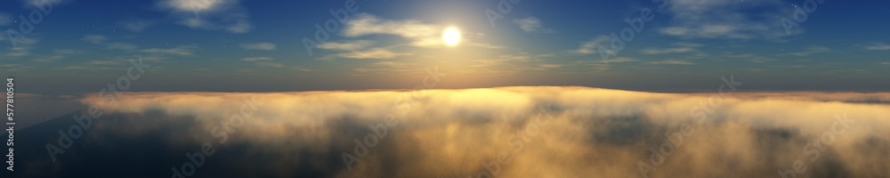 Beautiful cloudy landscape, the sun rises above the clouds, 3d rendering