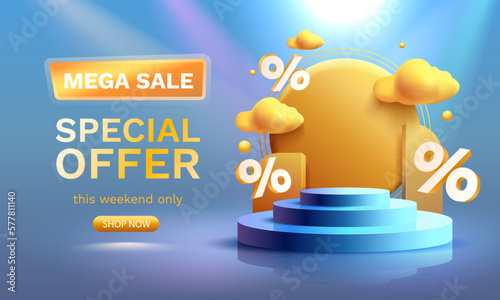 Podium percentage business poster, discount banner offer. Vector