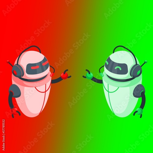 Two AI chatbots from different red and green interface reaching out to each other