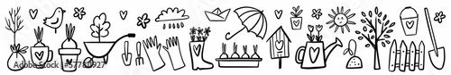 Vector horizontal pattern of gardening elements and spring symbols, hand-drawn in doodle style