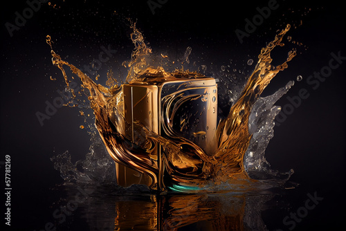 gold jar creates a splash in the water.generative ai