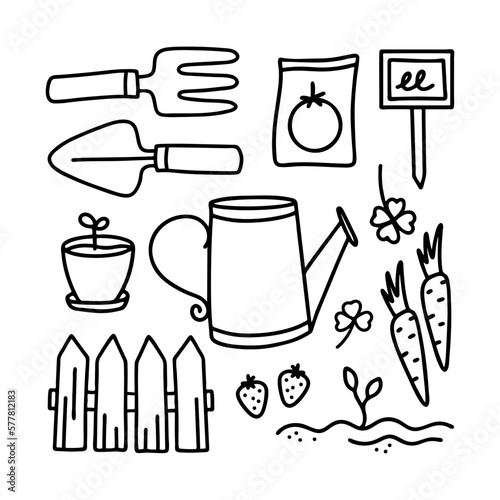 Vector Line Set of gardening tools and equipment. Small garden tools, watering can, gardening gloves.